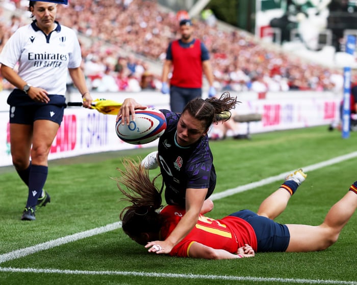Marlie Packer’s red card mars England’s dominant 97-7 World Cup warm-up victory over Spain.