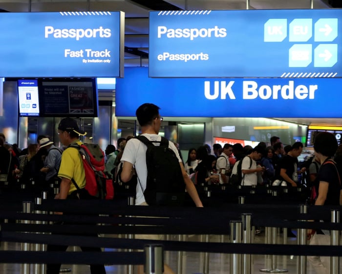 A family of three has become the first to arrive in the UK under the new 'one in, one out' immigration agreement.